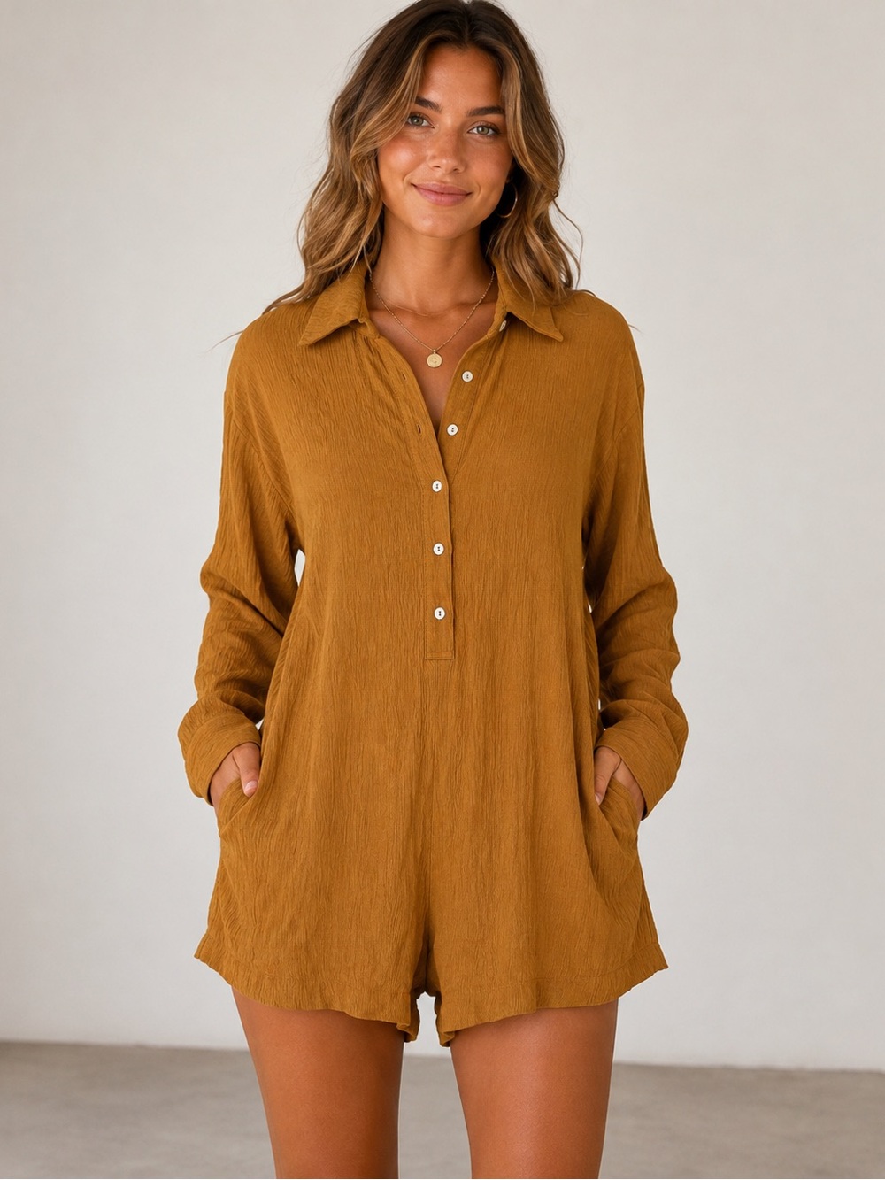 ILLA ILLA Women’s Small Mustard Brown Button Front Romper Long Sleeve Boho